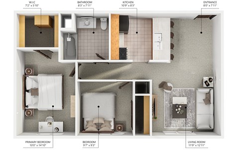 Floor plan for 2 beds, 1 bath, 800 sqft